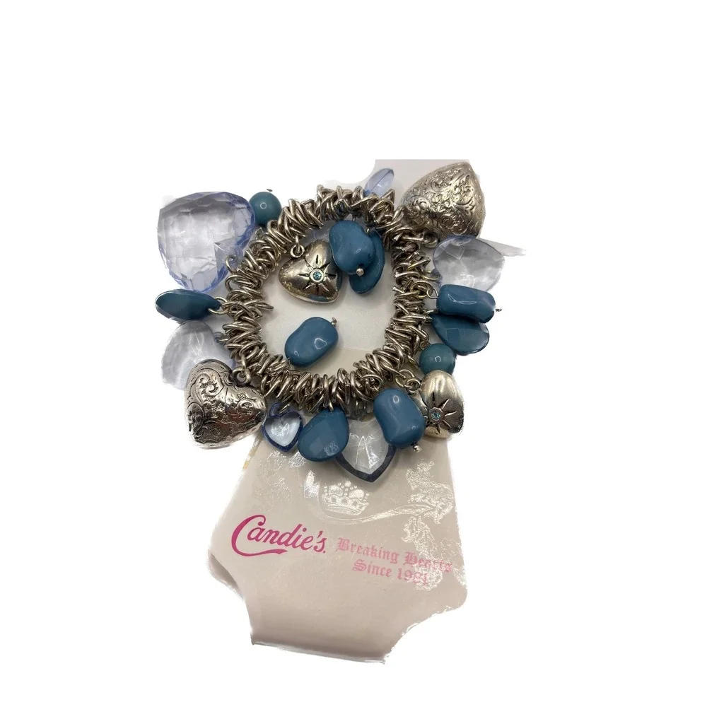 Candies Breaking Hearts Blue Bead‎ Silver Tone Heart Charm Elastic Bracelet Y2K